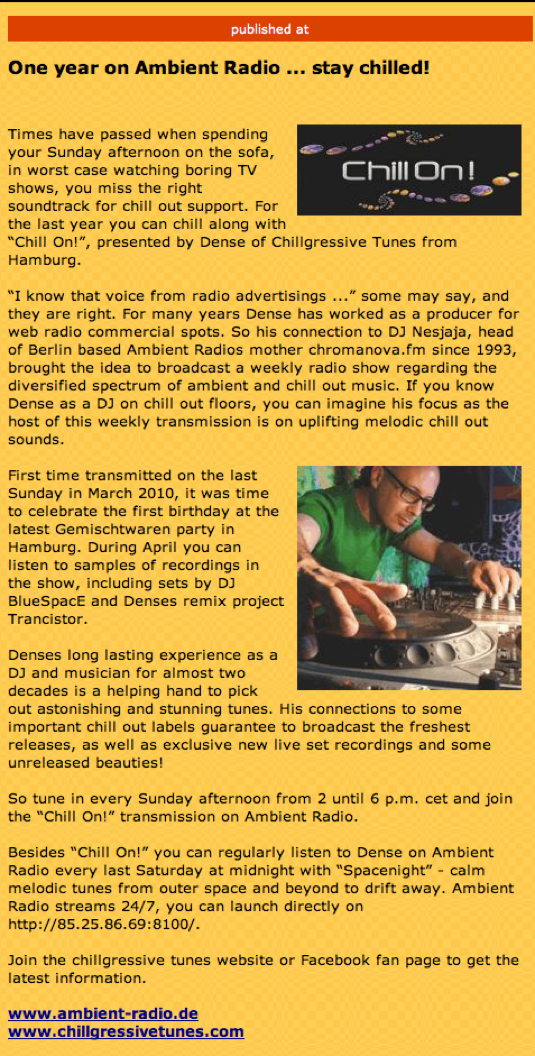 Article about "Chill On!" radio show in Mushroom Magazine in April 2011.